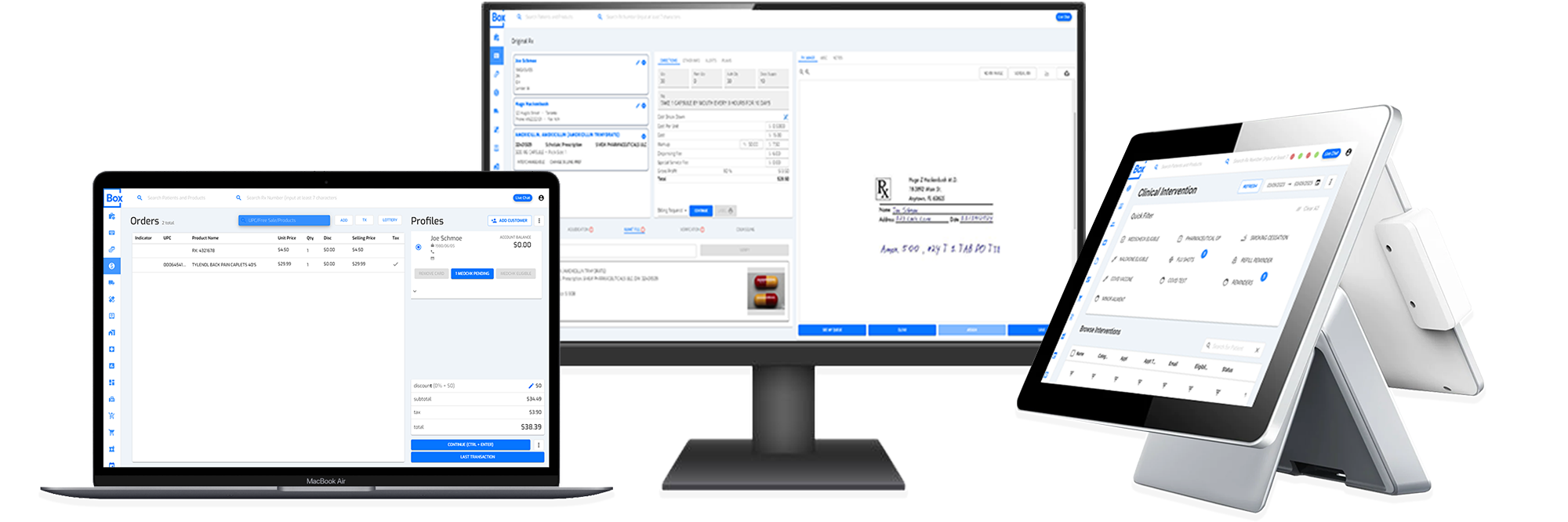 Box Labs pharmacy software on MacBook, desktop, and POS tablet